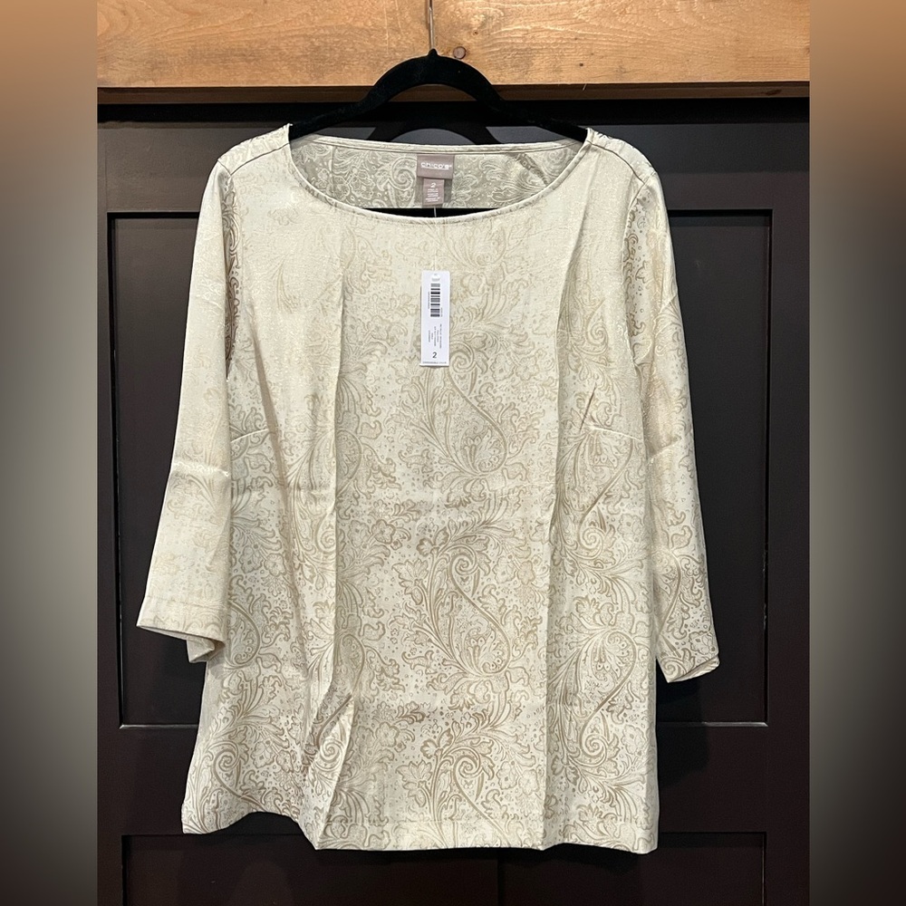 NWT Chico's Metallic Jacquard 3/4 Sleeve Gold Paisley Top Large Size 2